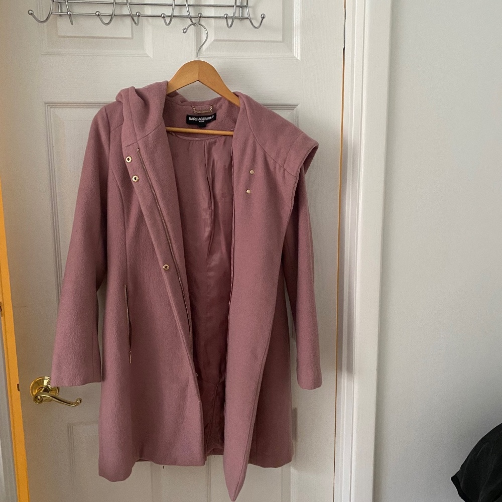KARL LAGERFELD  Light Rose Pink -Wool Coat w/Hood -Gold Detail - Like New -Small